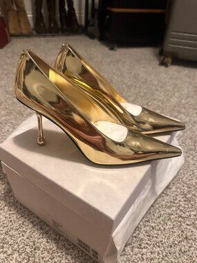 Jimmy Choo Gold Patent Leather Stiletto Pumps Pointed Toe